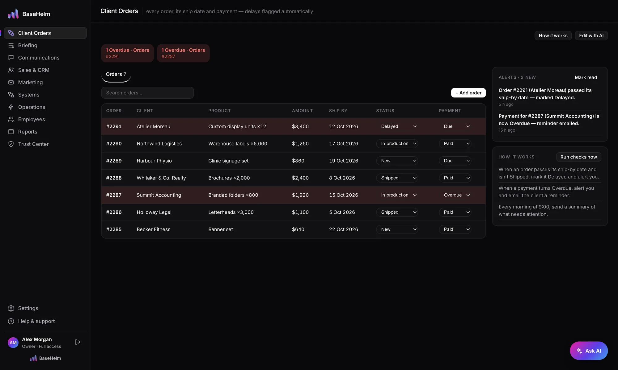 BaseHelm dashboard: Client Orders system with example data